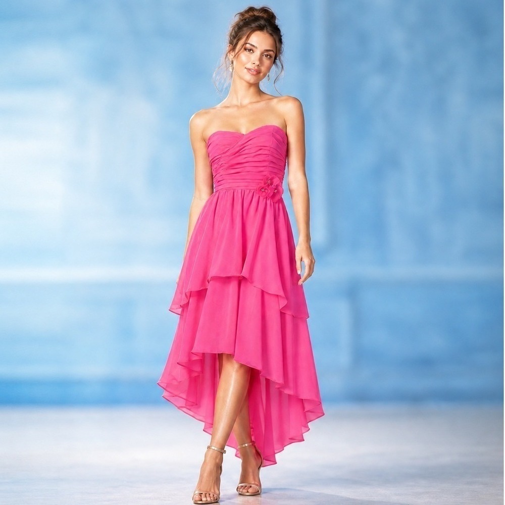 Alfred Angelo Strapless Dress Chiffon Ruffle Layer Hot Pink Romantic Coquette S